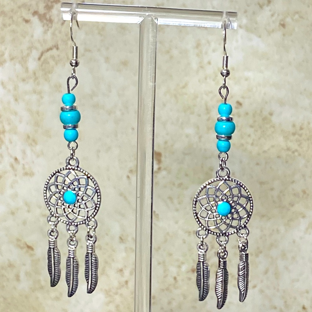 Turquoise and silver tone dreamcatcher dangle earrings